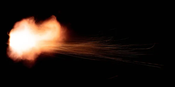 Shot Firearm Black Background Fiery Exhaust Flying Sparks Flames Bursting — Stock Photo, Image