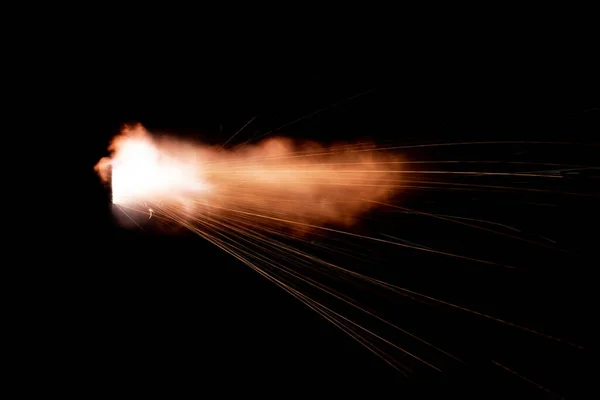 Shot Firearm Black Background Fiery Exhaust Flying Sparks Flames Bursting — Stock Photo, Image