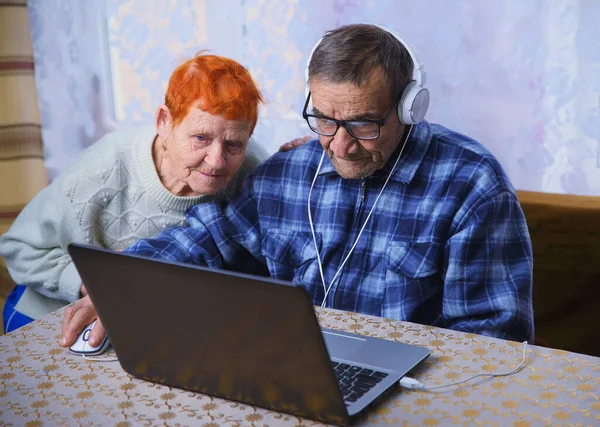 Elderly people work with a laptop, grandparents master mobile communication and Internet technologies, and elderly people use gadgets to communicate with their loved ones in conditions of self-isolation