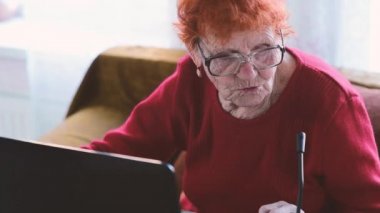 Yaşlı bir kadın telefonla konuşur ve dizüstü bilgisayarda çalışır, bir büyükanne sosyal ağları ve akıllı telefonu kendi başına iletişim kurmak için kullanır, bir emekli bilgi teknolojisinde uzmanlaşır