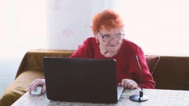 Yaşlı bir kadın telefonla konuşur ve dizüstü bilgisayarda çalışır, bir büyükanne sosyal ağları ve akıllı telefonu kendi başına iletişim kurmak için kullanır, bir emekli bilgi teknolojisinde uzmanlaşır
