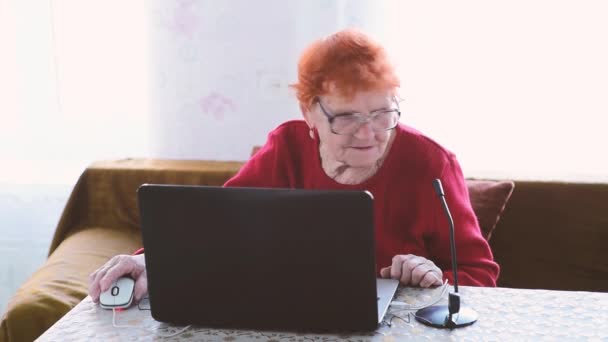 Äldre Kvinna Pratar Telefon Och Arbetar Bärbar Dator Mormor Använder — Stockvideo