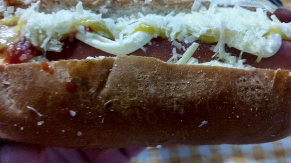 Hot Dog Avec Mayonnaise Fromage Rayé Ketchup Dans Cas Uruguay — Photo