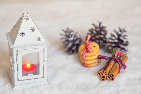 Lantern and Xmas ornaments arrangement — Stock Photo, Image