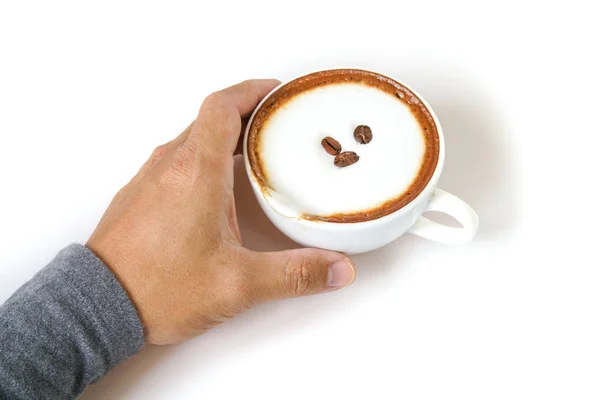 Hand drinken koffie op witte achtergrond. — Stockfoto