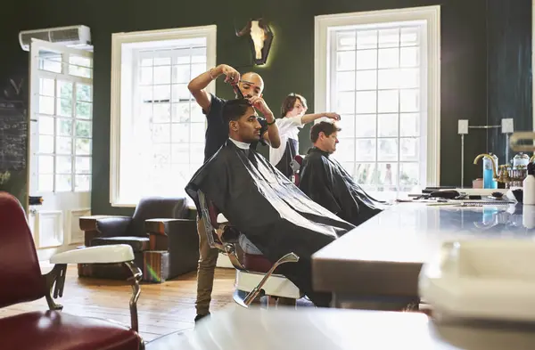 Male Barbers Cutting Hair Customers Barbershop — Stock Photo, Image