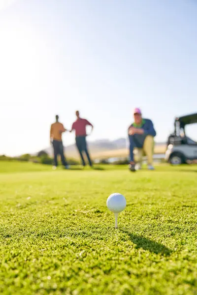 Güneşli Çimlerde Golf Topunu Yakın — Stok fotoğraf