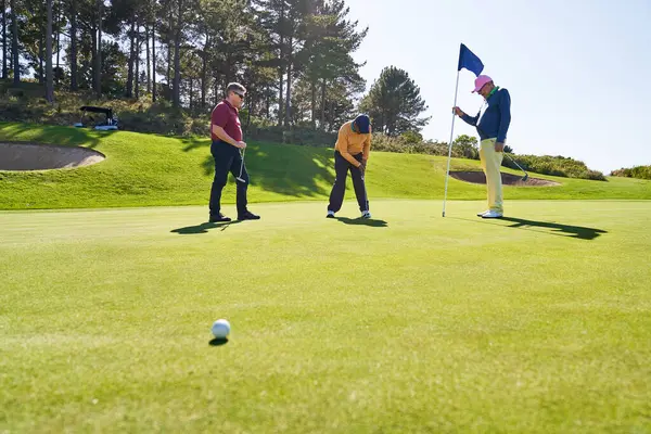 Masculino Golfista Amigos Colocando Casa Ensolarado Campo Golfe — Fotografia de Stock