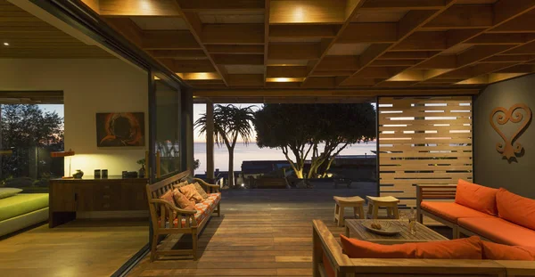 Illuminated Modern Luxury Home Showcase Interior Living Room Open Patio — Stock Photo, Image