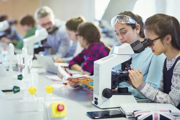 Girl Students Using Microscope Conducting Scientific Experiment Laboratory Classroom — Stock Photo, Image