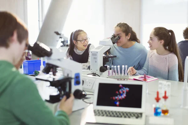 Estudiantes Usando Microscopio Llevando Cabo Experimentos Científicos Aula Laboratorio —  Fotos de Stock