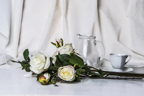 Still life with roses and jar in bright colors