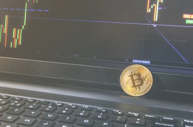Bitcoin madeni para üzerinde modern siyah defter yerleştirilir. Yakın çekim fotoğraf Bitcoin, exchange sanal değeri, kripto dijital para. İnternet üzerinden canlı hisse senedi Alım Satım arka plan. Büyük tutarları, Emlak satış.