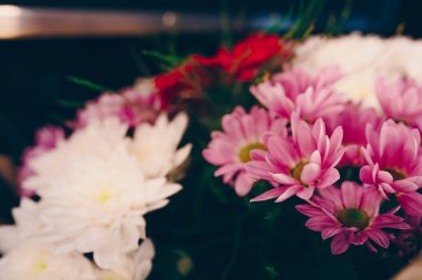 Bir demet pembe beyaz gerbera papatya buketi karışık çiçekler..