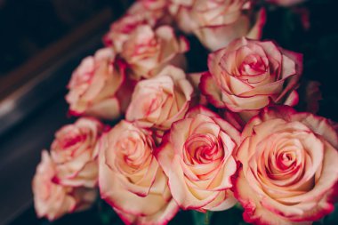 Bir demet pembe kırmızı beyaz gül buketi. Desen Taze