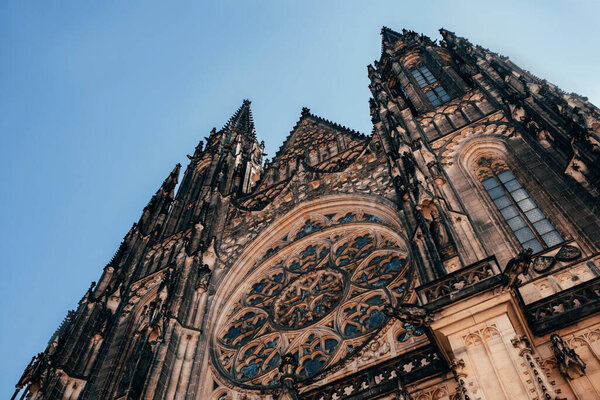 Gorgeous view of Gothic capel  cathedral , Monument of German Roman  Catholicism Neogothic architecture .the Catholic St. Vitus, Wenceslas and Adalbert in Prague. Aerial panoramic drone sky  view 