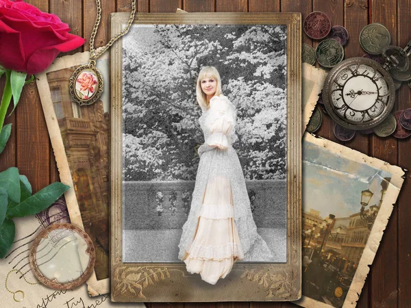 Vintage Collage mit blonder Frau Stockbild