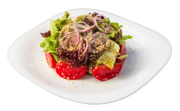 Salada Com Tomate Anéis Cebola Espinafre Sementes Gergelim — Fotografia de Stock