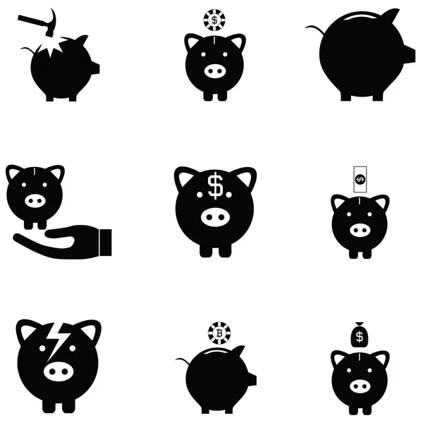 Cerdito banco icono conjunto — Archivo Imágenes Vectoriales