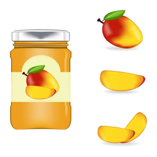 Realistic glass bottle packaging for mango — Stock Vector