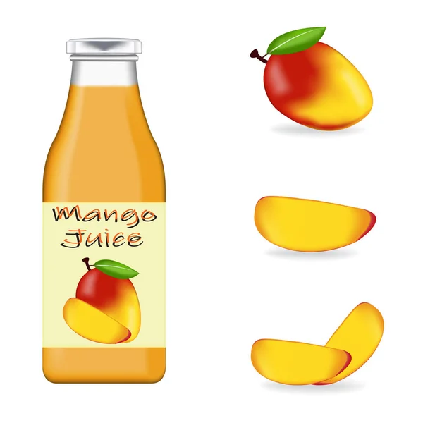 Realistic glass bottle packaging for mango — Stock Vector