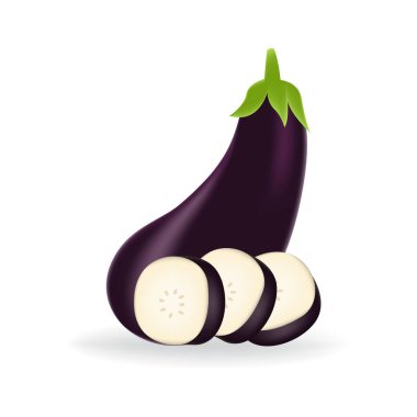 Beyaz arka planda izole edilmiş gerçekçi mor patlıcan..