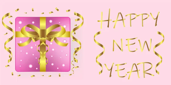 Gift Box Gold Ribbon Happy New Year Celebrate — Stock Vector