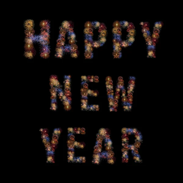 Colour fireworks light up forming a HAPPY NEW YEAR word on black background — Stock Photo, Image