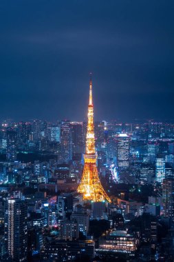 Tokyo Kulesi ve Tokyo cityscape görünümünden Roppongi Hills gece Japonya'da havadan görünümü