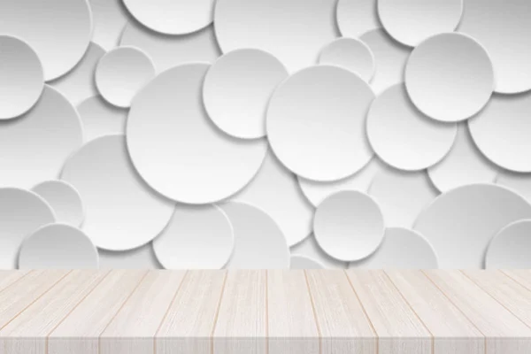 Perspektiv vit trä bordsskiva med papper cirkeln banner med skuggor bakgrund — Stockfoto