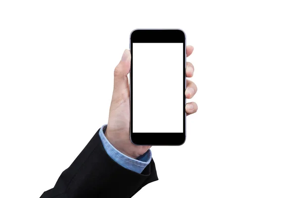 Wanita bisnis cerdas menunjukkan smartphone dengan layar putih di latar belakang — Stok Foto
