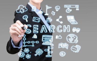 Genç akıllı iş kadını arama fikir kavramı mevcut simgesi simgesi öğesine tarafından yazma. Akıllı iş, iş planlama ve iş fikir kavramı için zarif tasarım 