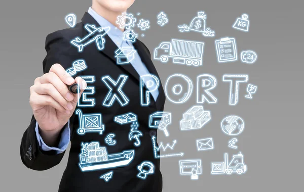 Smart Business Frau schreibt Export-Idee Konzept durch Symbolelemente vorhanden. — Stockfoto