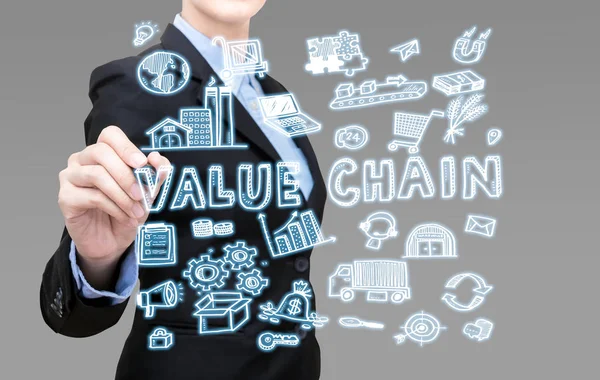 Smart Business donna sta scrivendo concetto di idea di catena del valore presente da elementi simbolo icona . — Foto Stock