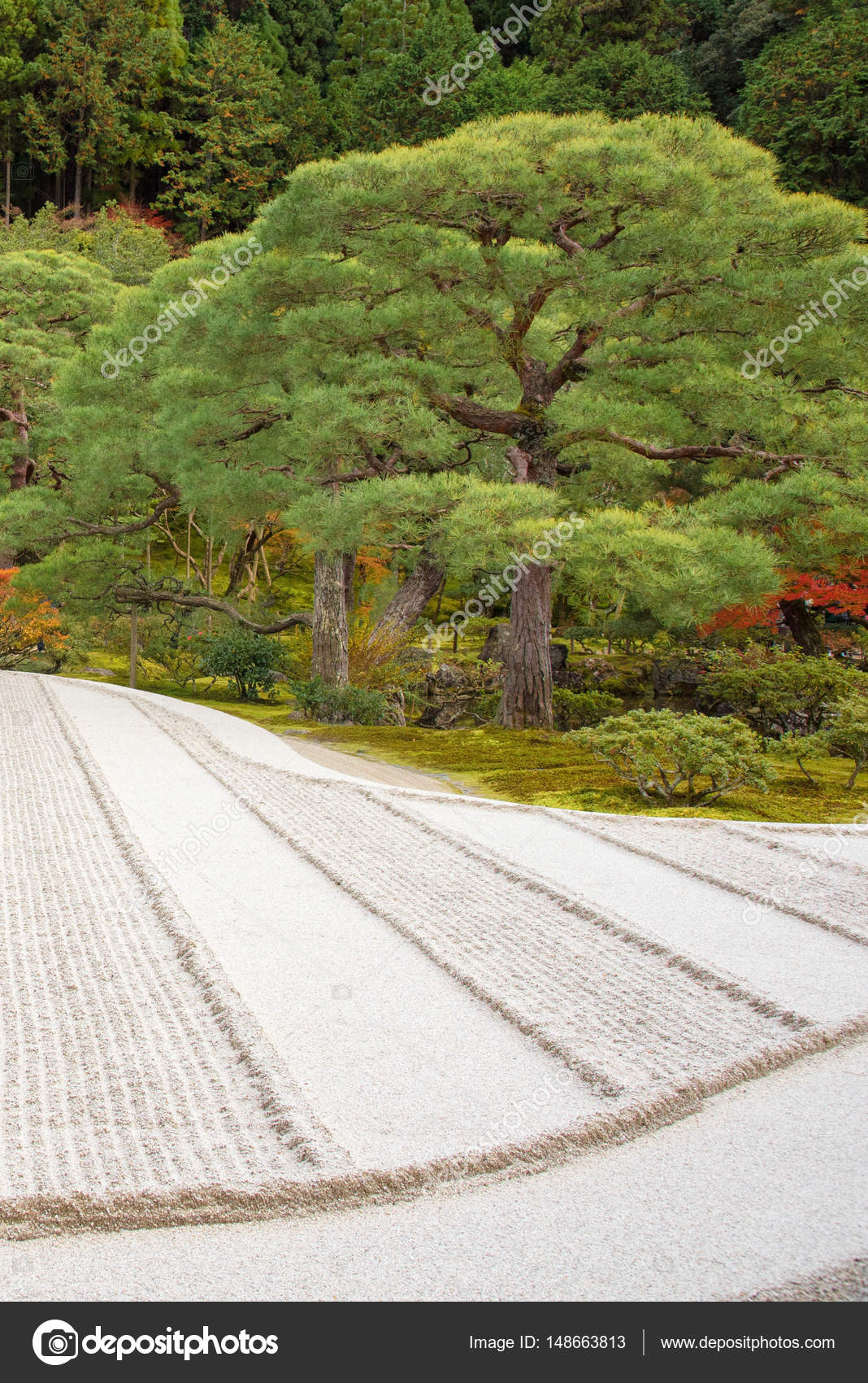 Japanese Zen Garden Meditation Stone In Lines Sand For Relaxation