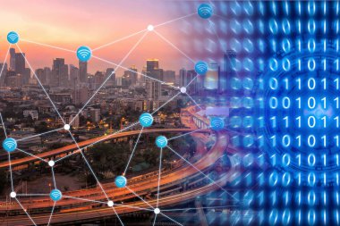 Smart teknolojisi İnternet şey küresel iş bağlantısı için gösterilen Wi-Fi bağlantısı ile akıllı şehir