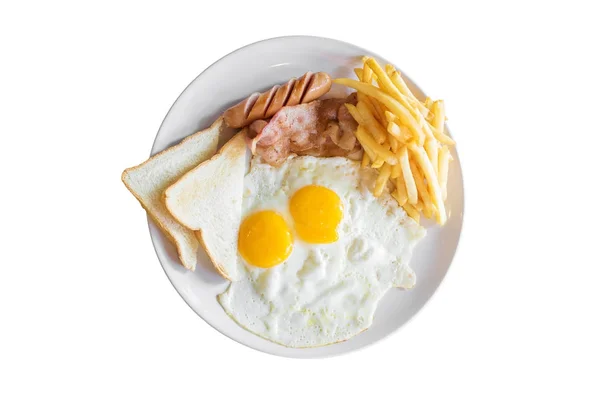 Top view of american breakfast with scrambled eggs,bacon,toast,french fries and sausage on a white plate — Stock Photo, Image