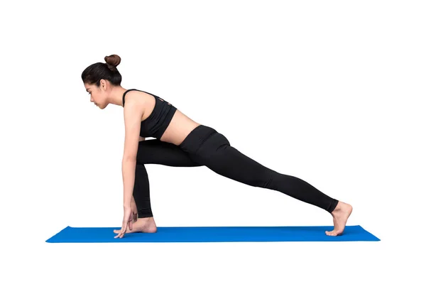 Beyaz arka plan üzerinde kırpma yoluyla izole yoga egzersiz sağlıklı kadın — Stok fotoğraf