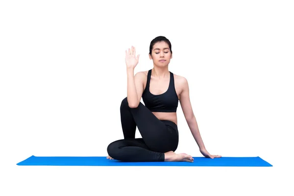 Mujer sana ejercitando yoga aislada con recorte de camino sobre fondo blanco — Foto de Stock