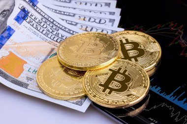 Bize Doları banka ve grafik arka planda taşıma para ile yatırım koyarak bitcoin