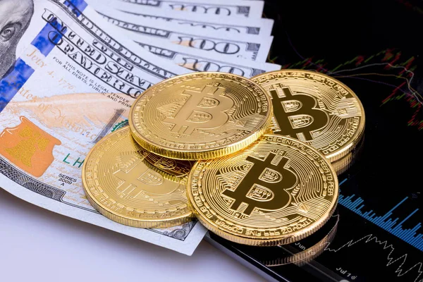 US-Dollarbank und Bitcoin investieren mit sich bewegendem Gelddiagramm im Hintergrund — Stockfoto