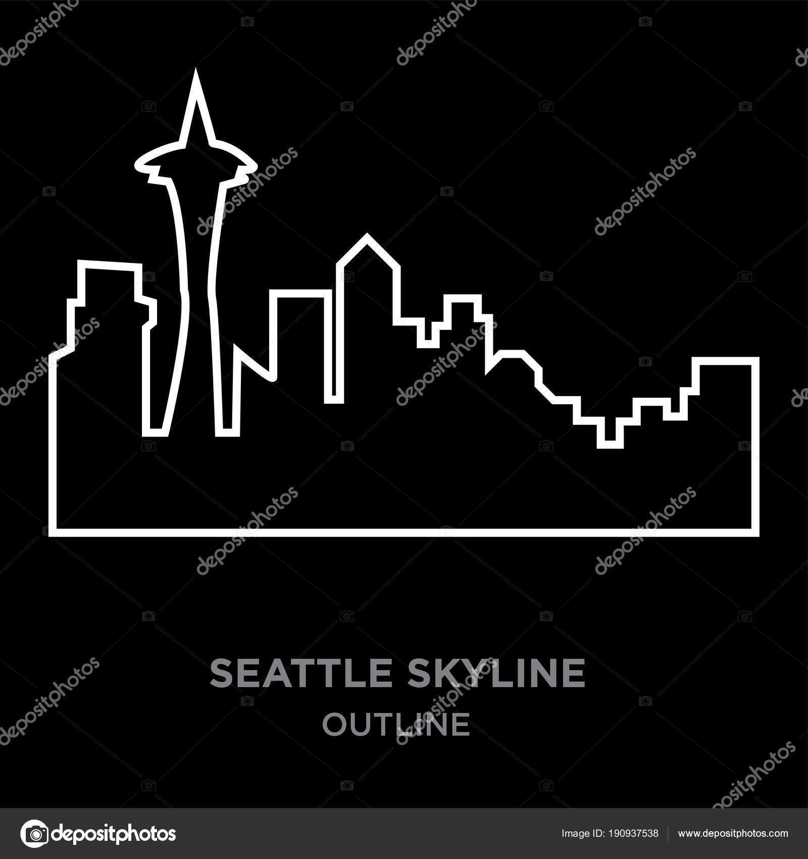 White border seattle skyline outline on black background, vector
