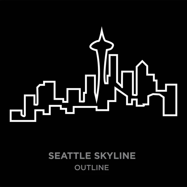 Bílý okraj osnovy panorama Seattlu na černém pozadí, vektorové ilustrace — Stockový vektor