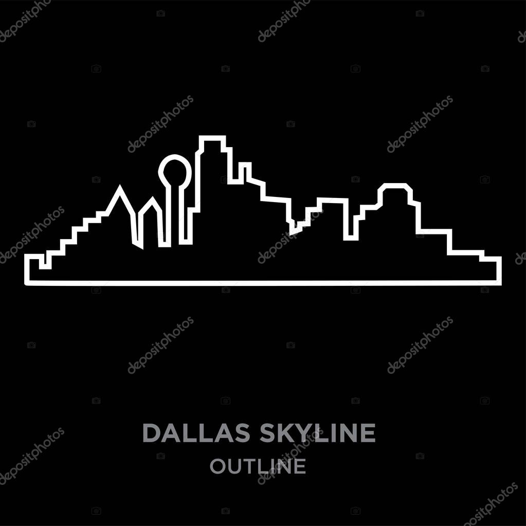 White border dallas skyline outline on black background, vector illustration