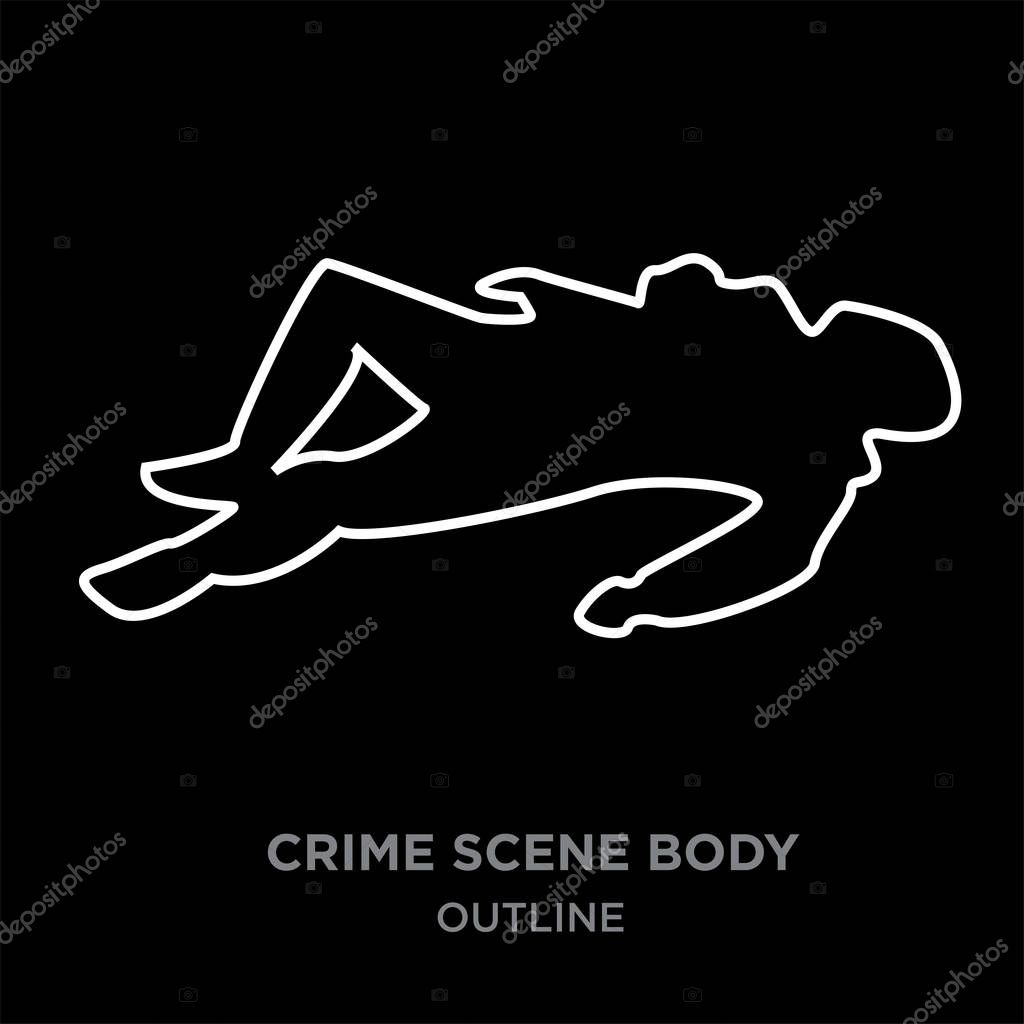 White border crime scene body outline on black background, vector illustration