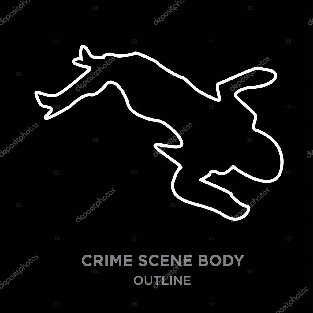 White border crime scene body outline on black background, vector illustration