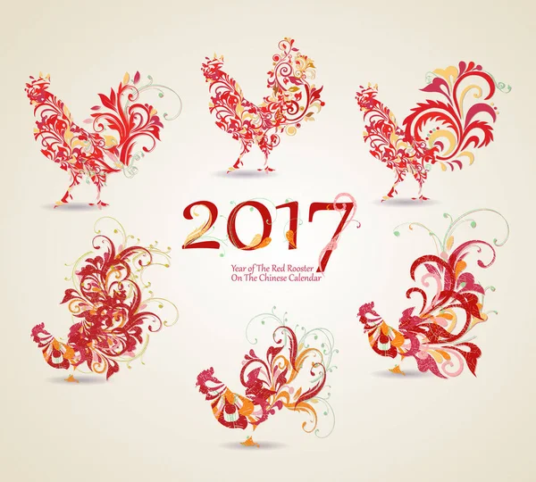 矢量图的公鸡，2017 年中国历法上的符号。新的一年的设计的向量元素。2017 年的红公鸡的形象. — 图库矢量图片