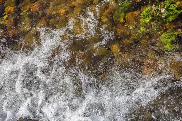 Utsikt över små vattenfall på floden med detaljer om vattenskum, klippor och flodvegetation — Stockfoto