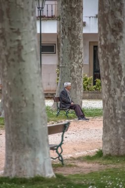 Bahçedeki ağaçların arkasındaki bankta oturan yaşlı adamın manzarası, dinleniyor ve parkın etrafına bakıyor..
