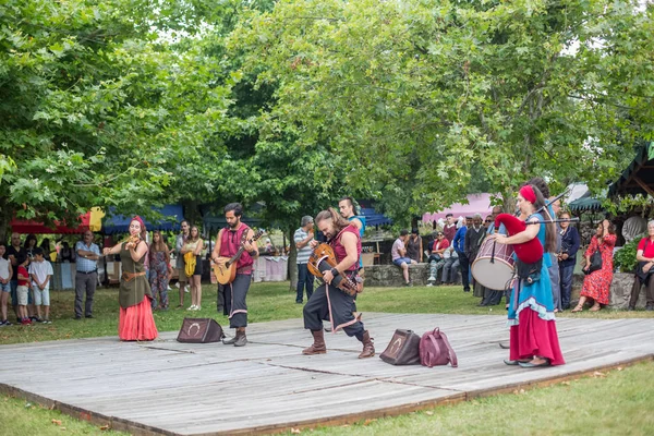 Widok na koncert plenerowej muzyki celtyckiej, z muzykami ubranymi w średniowieczne stroje i grającymi na średniowiecznych instrumentach, w średniowiecznym jarmarku, ludźmi oglądającymi na widowni — Zdjęcie stockowe